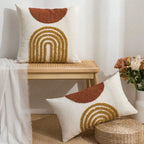 Throw pillow cover with semicircular geometric patterns.